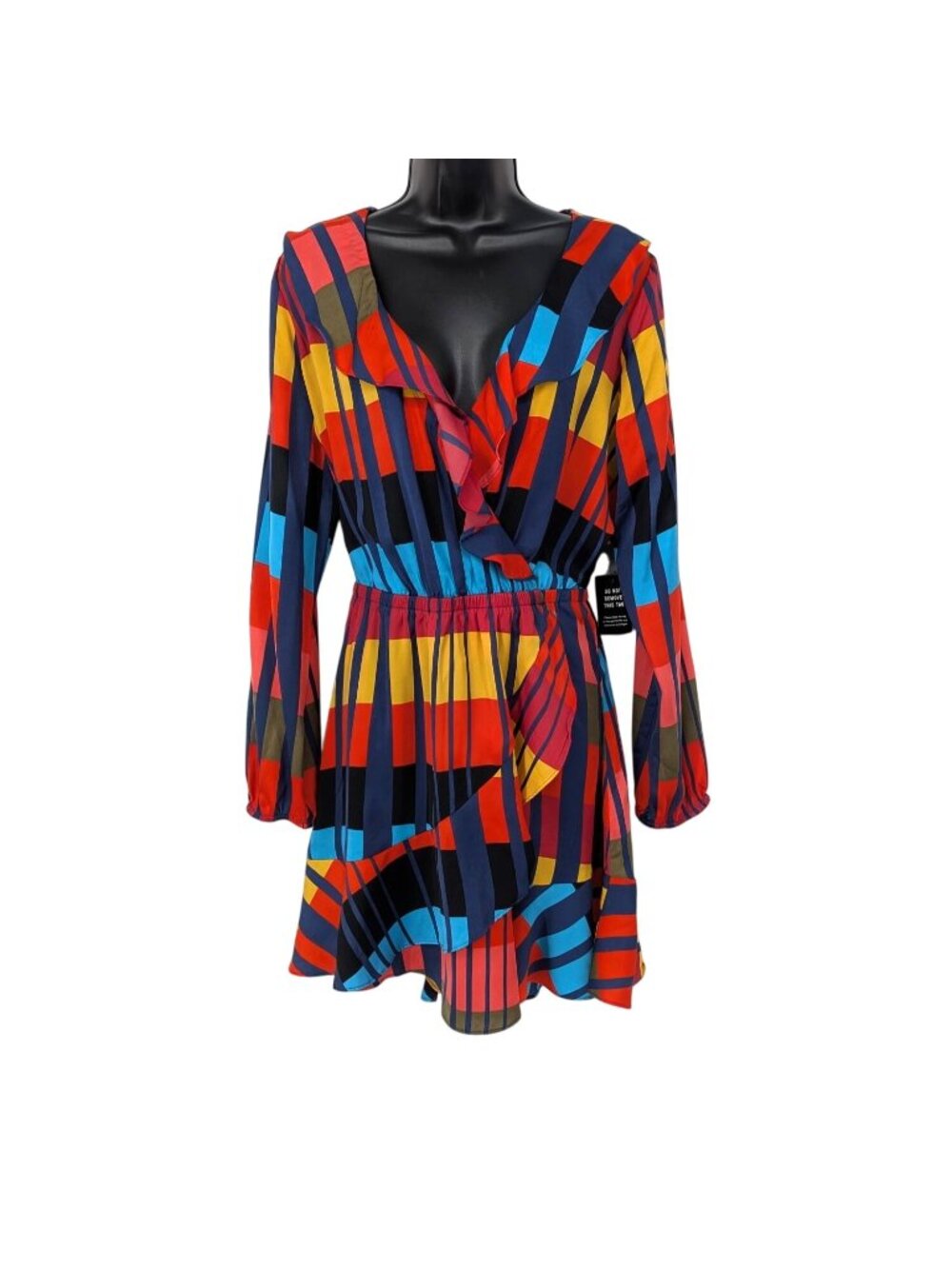 Wrap Mini Dress Abstract Geometric Stripe Y2K Statement Retro Long Sleeve Large